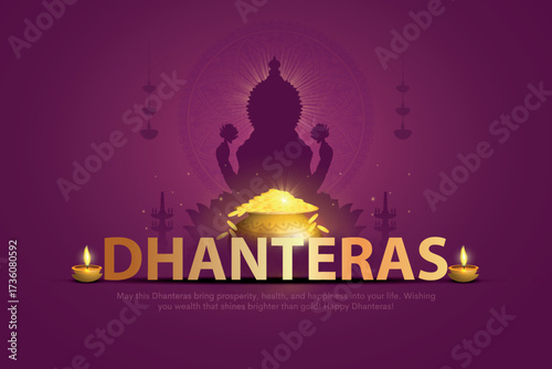 Happy Dhanteras poster template design with gold coin in pot and decorative diya lamp. Indian festival Dhanteras creative vector design.