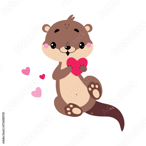 Cute Otter Animal Character with Pink Heart Vector Illustration