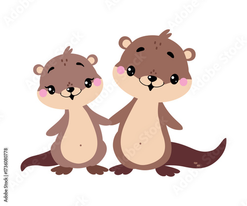 Cute Otter Animal Character with Baby Vector Illustration
