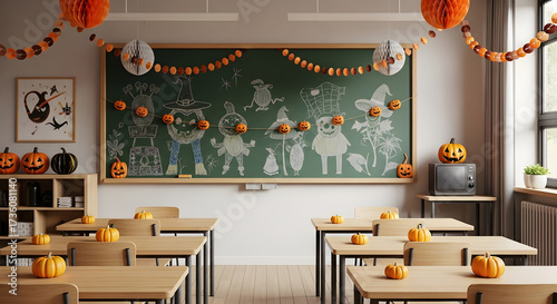 Classroom with tables and chairs, chalkboard with Halloween drawings, small pumpkins on the tables, paper garlands and soft lighting creating a playful and welcoming atmosphere.