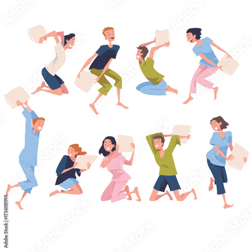 Pajama Party with Man and Woman Character Pillow Fight Vector Set