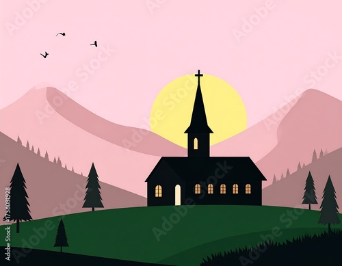 Simple church in a tranquil mountain landscape at sunrise