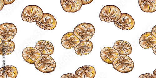 Seamless pattern of sweet buns sketches, soft fresh pastry, vector hand drawings, white background, paper, wallpaper, wrapper