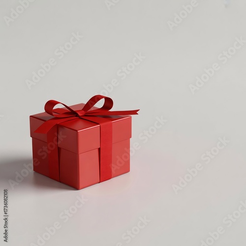 Red gift box with ribbon on neutral background  