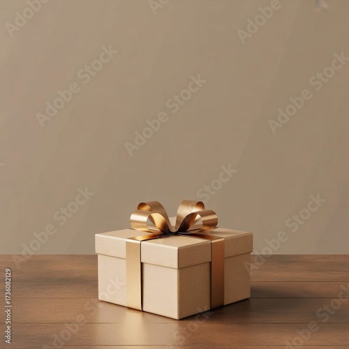 Gift box with gold ribbon on wooden table against plain background  
