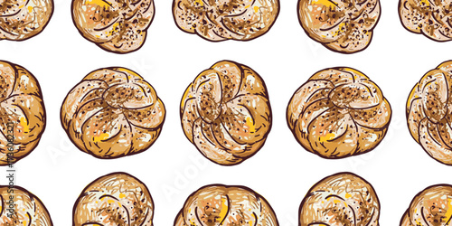 Seamless pattern of buns sketches, sweet soft fresh pastry, vector, hand drawings, white background, paper, wallpaper, wrapper