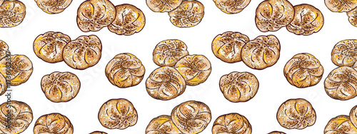 Seamless pattern of buns sketches, sweet soft fresh pastry, vector, hand drawings, white background, paper, wallpaper, wrapper