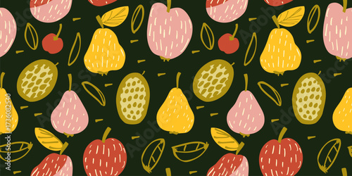 Vector seamless pattern with summer fruits, apples, pears, cherries, passion fruit. Abstract cute hand-drawn style illustration. Playful background for babies, boys, girls. All-over design for print