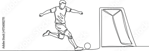 Single line drawing of a soccer player kicking the ball towards goal
