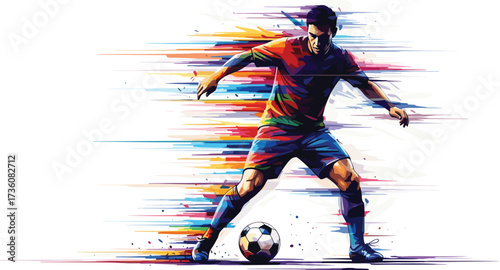 Dynamic Soccer Player Dribbling with Colorful Streaks