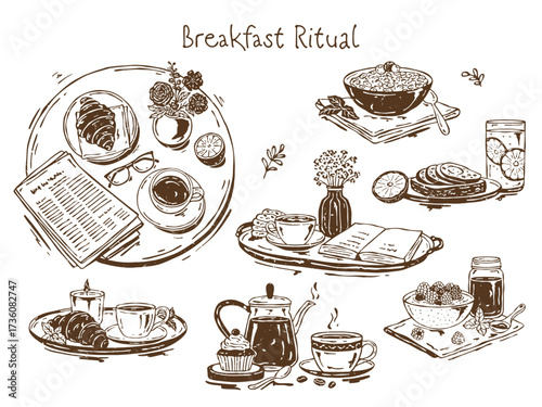 Hand-drawn vector set of cozy breakfast ritual in monochrome style. Includes croissant, candle, tea, lemon water, avocado toast, oatmeal, smoothie, coffee, cookies, muffin, newspaper