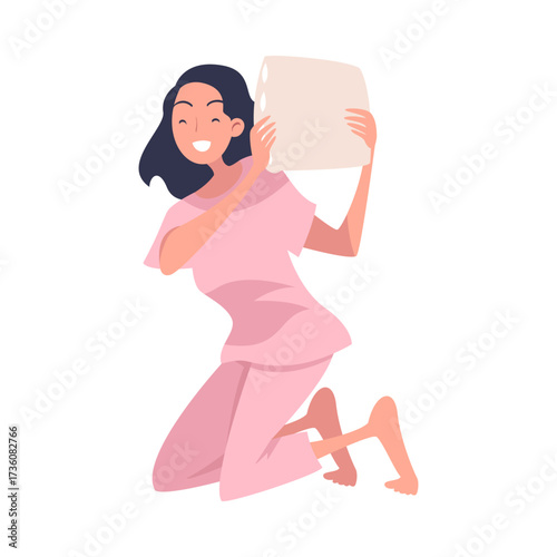 Pajama Party with Woman Character Pillow Fight Vector Illustration