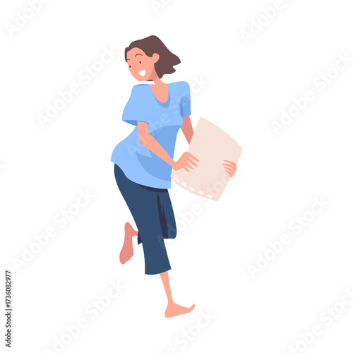 Pajama Party with Woman Character Pillow Fight Vector Illustration