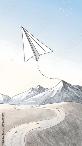 Simple paper airplane soaring over a winding mountain road