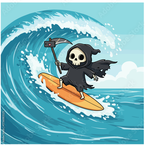 Cartoon Grim Reaper surfing on orange board, wearing black cloak, holding scythe and selfie stick, riding blue wave under cloudy sky.