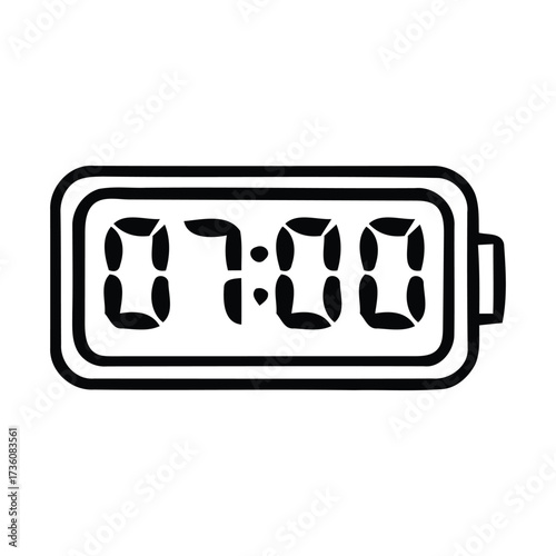 Black Outline of a Digital Alarm Clock Displaying 07:00., time, Vector illustration. 