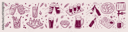 A Vibrant Collection of Hand-Drawn Illustrations Featuring Various Drinks, Snacks, and Social Gatherings Celebrating the Joy of Sharing and Enjoyment