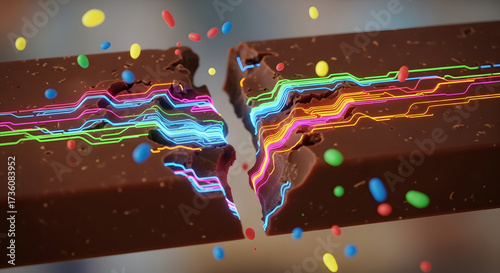 chocolate bar breaking in half, with rivers of 3D neon light appearing inside, while colorful 2D particles float around.