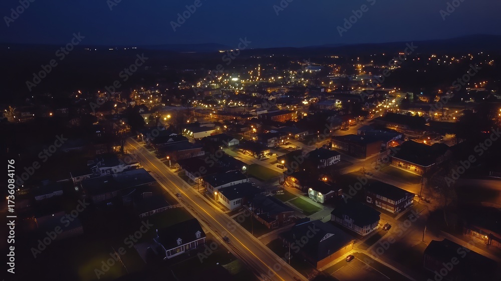 Fototapeta premium Aerial night view illuminating small town cityscape
