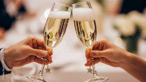 Two people clink champagne glasses together in a celebratory toast, bubbles rising.