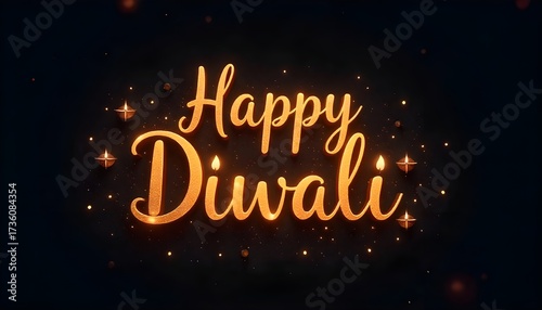 Glowing “Happy Diwali” text with golden lights and diyas on a dark festive background.