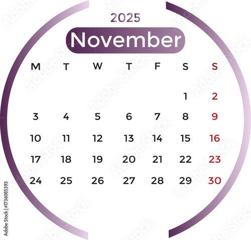 November 2025 calendar with purple gradient color. Perfect for scheduling, planning, time management, office, business, and personal use.