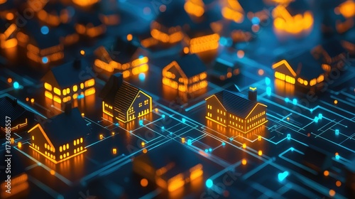 Smart city connecting houses with digital network technology