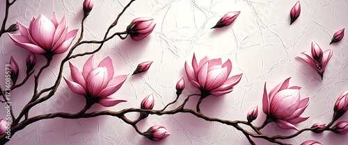 Luxury floral wallpaper featuring 3D embossed blossoms with gold, silver, and marble textures, elegant botanical mural in rich colors, abstract illustration for art prints, seamless 4K decorative back