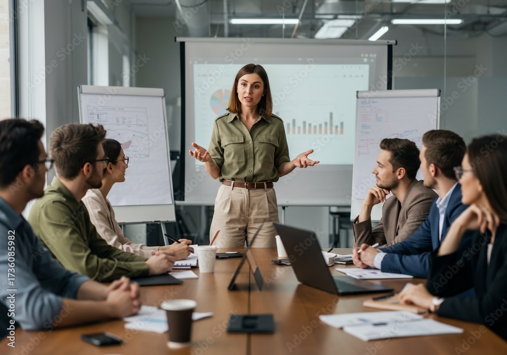 Obraz premium Business Meeting: Woman Presenting Data to Team