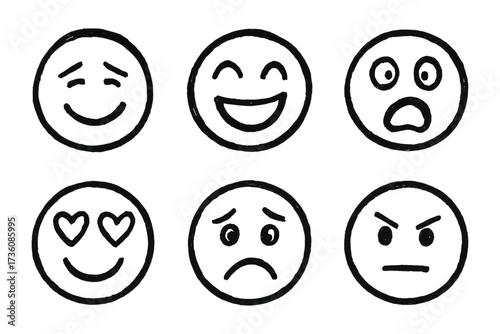 Hand drawn doodle emoticon set. Chalk or marker style smiley face sketch icon with various expression isolated on transparent