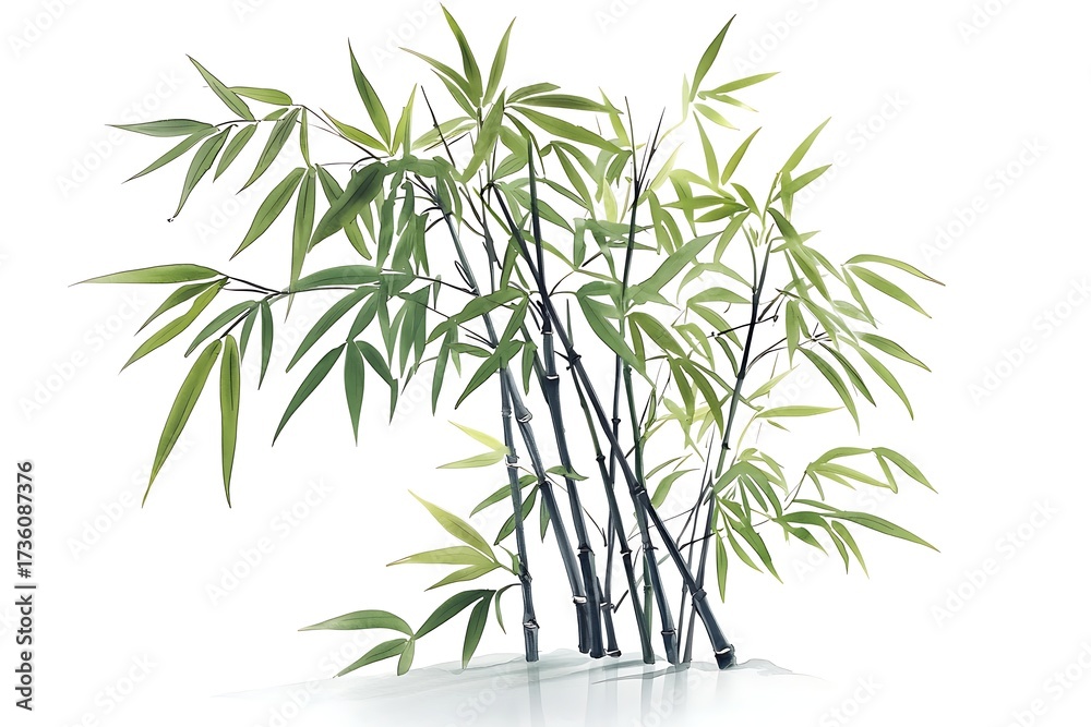 Naklejka premium Vibrant Green Bamboo Stalks Against White Background for Tranquil Nature Aesthetic