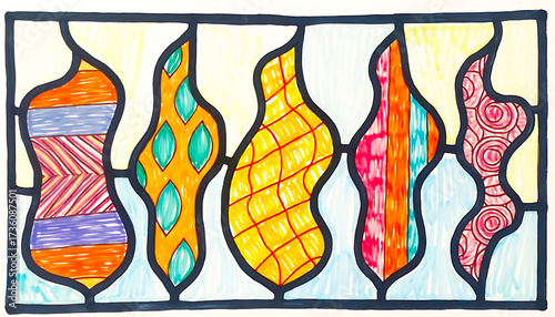 Hand-Drawn Stained Glass Window with Colorful, Abstract Patterns Using Markers on Paper, with Dark Outlines and Light Background.                     