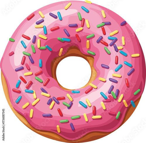 Pink frosted donut colorful sprinkles isolated sweet treat vector