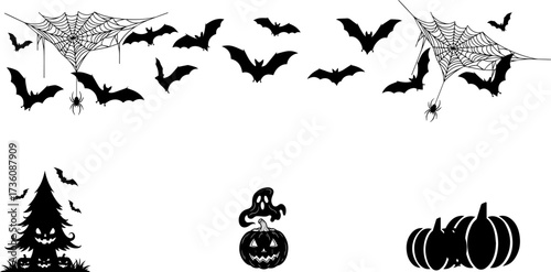 Halloween Border Frame Vector with Bats, Spider Web, Pumpkin, Haunted Tree, and Scary Elements for Invitation, Party Flyer, Greeting Card, and Background Decoration. eps 10
