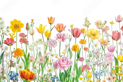 Colorful Blooming Flowers in a Field with Various Petals and Greenery on White Background