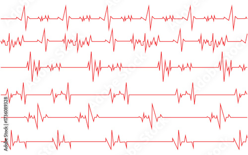 Red Heartbeat Pulse and ECG Line Icon Set – Medical ECG/EKG Cardio Graph Pulse, Health Monitoring & Cardiology Illustration