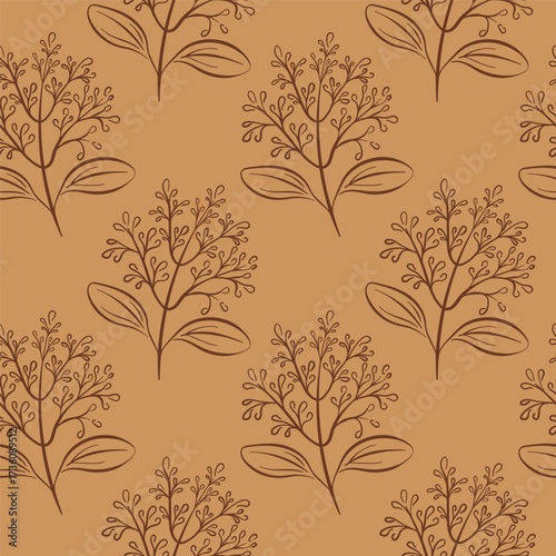 Seamless pattern with line art style cinnamon plant branch and leaf for spice herbal and botanical design themes.