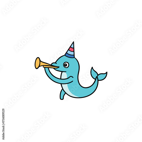Joyful cartoon dolphin wearing party hat plays trumpet celebrating happily sea creature