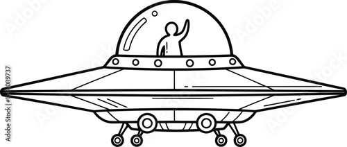 Retro ufo flying saucer alien figure waving hand vintage sci-fi vector