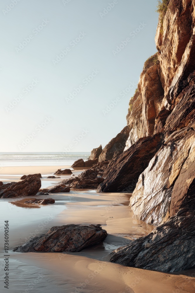 Fototapeta premium Coastal Majesty - Golden Light on Rocky Cliffs and Wet Sand Beach at Low Tide.