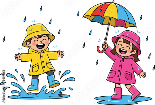 Children playing in rain, joyful kids with umbrella, puddle splash fun, rainy day lifestyle, outdoor seasonal happiness illustration