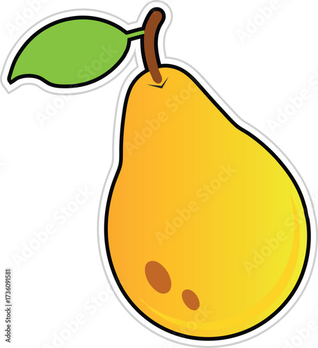 Bright yellow pear with green leaf and brown spots healthy fruit