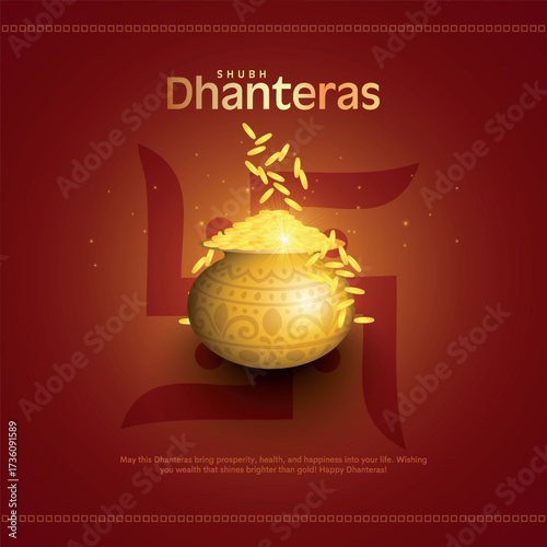Happy Dhanteras poster template design with gold coin in pot and decorative diya lamp. Indian festival Dhanteras creative vector design.