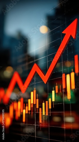 Rising Economic Growth Concept with Bold Red Arrow and Candlestick Chart Over Urban Background Featuring Modern Skyscrapers and Soft Focus Elements