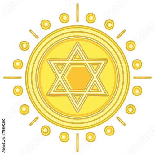 Bright golden Star of David centered in a stylized sun, a religious and spiritual emblem