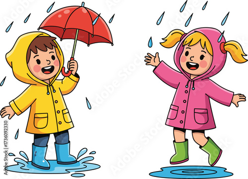 Children playing in rain, kids with umbrella, joyful puddle splash, rainy day fun, outdoor lifestyle illustration