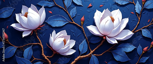 Luxury floral wallpaper featuring 3D embossed blossoms with gold, silver, and marble textures, elegant botanical mural in rich colors, abstract illustration for art prints, seamless 4K decorative back