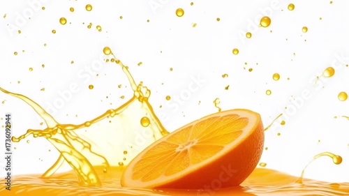 Invigorating orange slice exploding with juicy flavor in a dynamic splash, perfect for healthy lifestyle advertising and refreshing beverage promotions