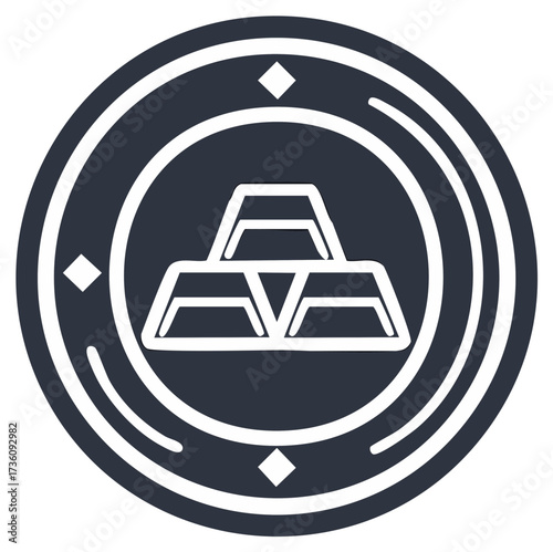 Stylized gold bullion bars symbol within a circular emblem featuring geometric accents