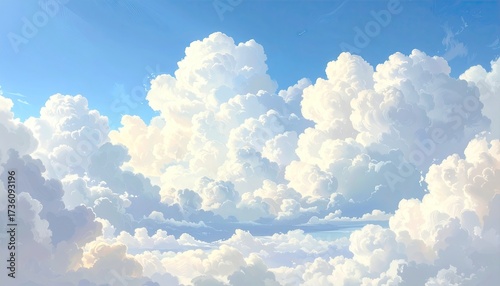Fluffy White Clouds Against Light Blue Sky Animated Style Soft Lighting Atmospheric Scenic Sky Scape Cumulus Clouds Pastel Colors and Calm Peaceful